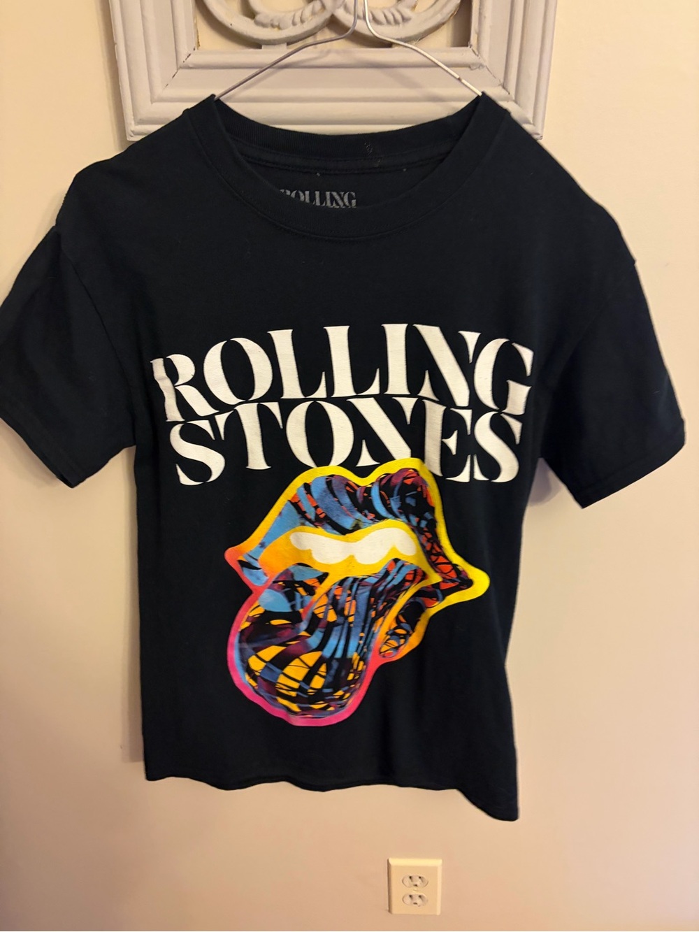 the Rolling Stones Black Kids Tee with Multicolor Tongue Graphic
